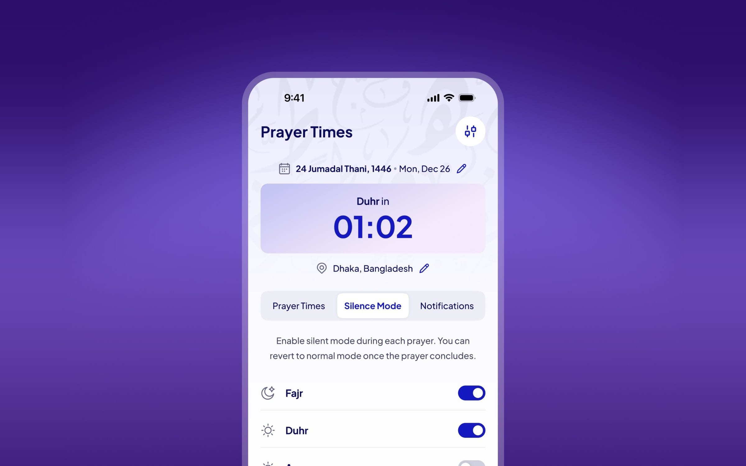 The Ibadat prayer times screen on a deep purple field: counting down to Duhr in Dhaka, with Silence Mode on for Fajr and Duhr