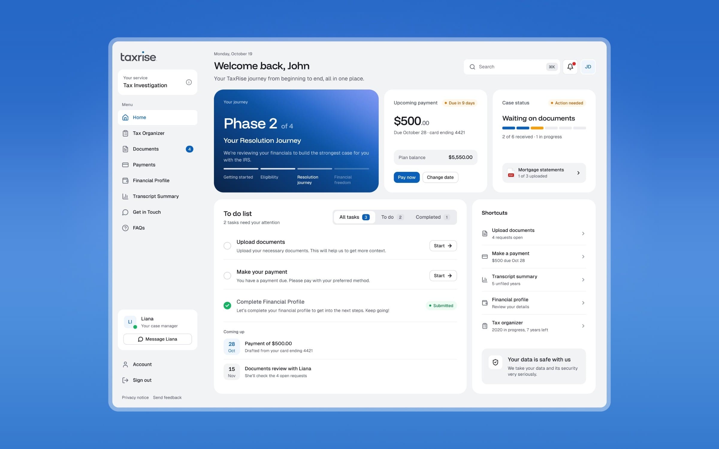 The redesigned TaxRise Client Portal home on a blue field: the Phase 2 journey card, an upcoming $500 payment, case status waiting on documents, the to-do list and shortcuts
