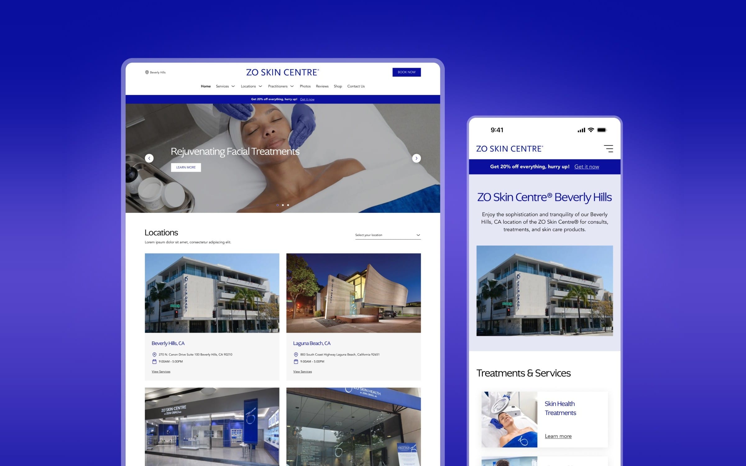 The ZO Skin Centre redesign on a deep blue field: the desktop homepage with its facial-treatment hero and location cards, beside the Beverly Hills location page on a phone
